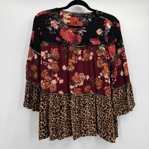 Calessa Shirt Womens Large Floral Leopard Tunic Top Boho Bell Sleeve